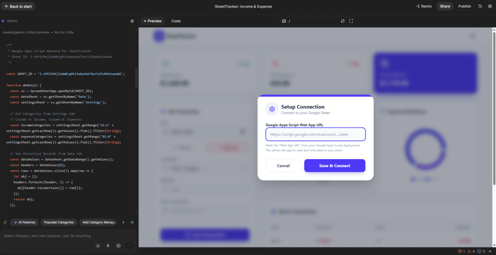 Build a Personal Income and Expense Tracker with Google Sheets 6 Google AI Studio result